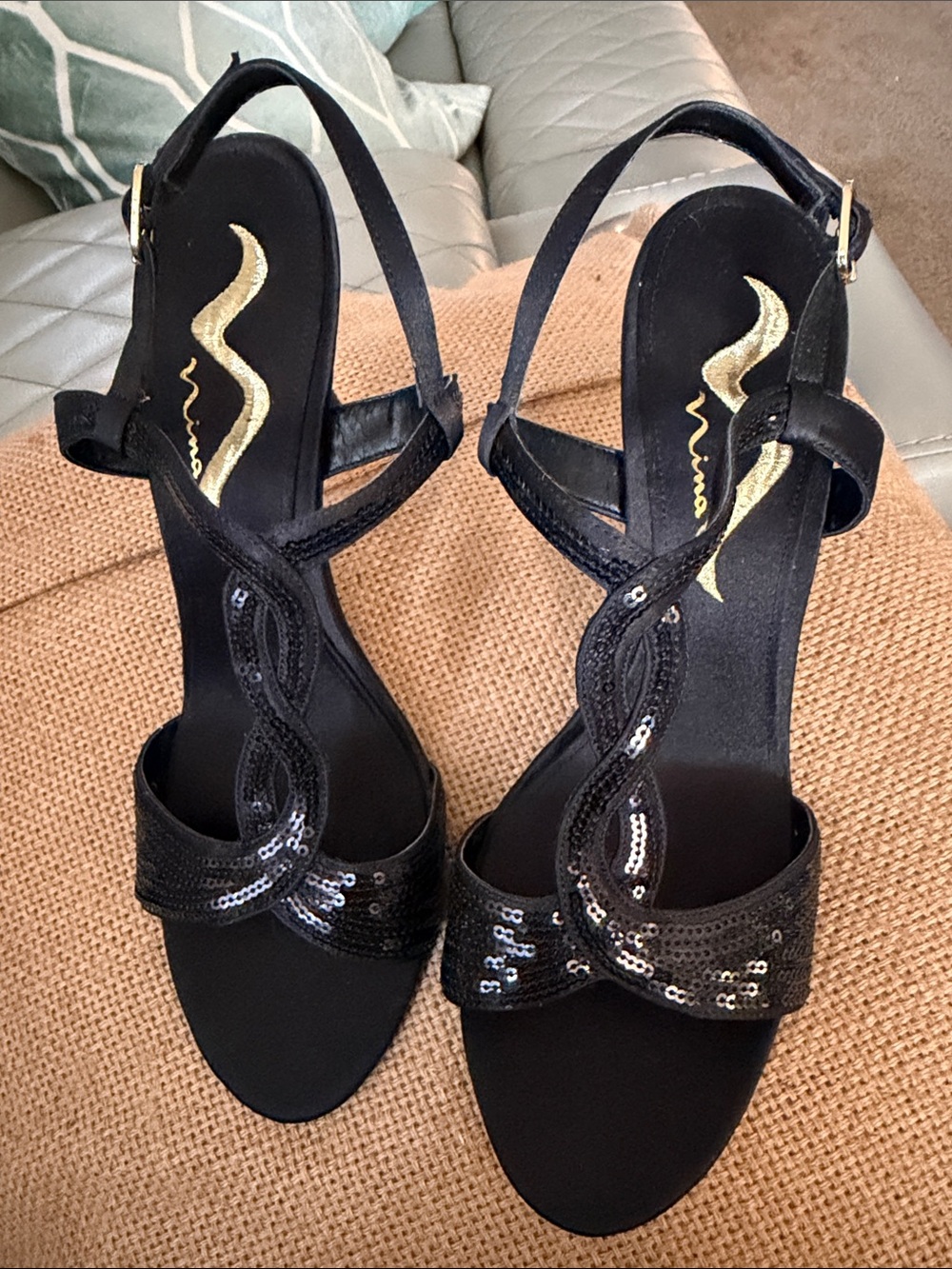 Nina Black Sequin Slingback Sandals